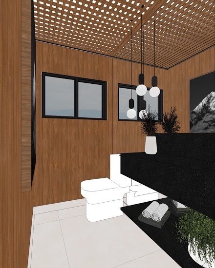 Print do SketchUp de um lavabo com forro de madeira e bancada preta